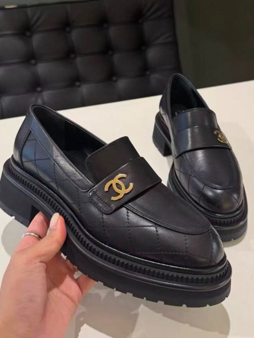 Chanel Quilted CC Logo Loafers Size 38C